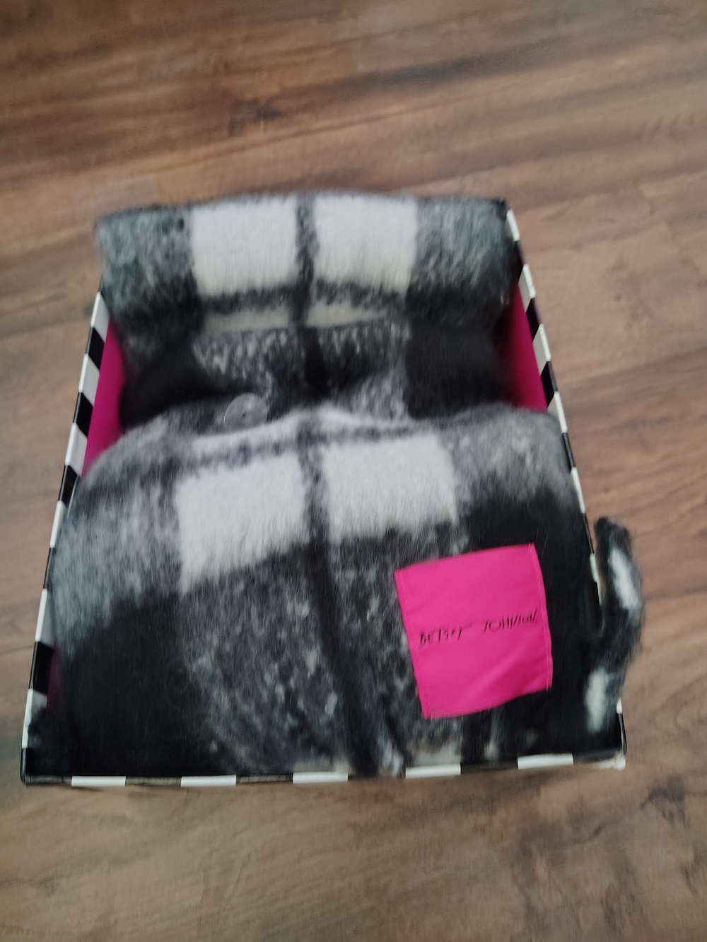 Betsey Johnson Black & White Plaid Plush Throw with Pink Accent Patch